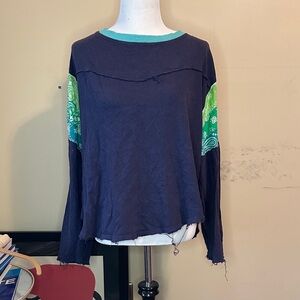 Free People Navy and Green Patchwork Sweatshirt